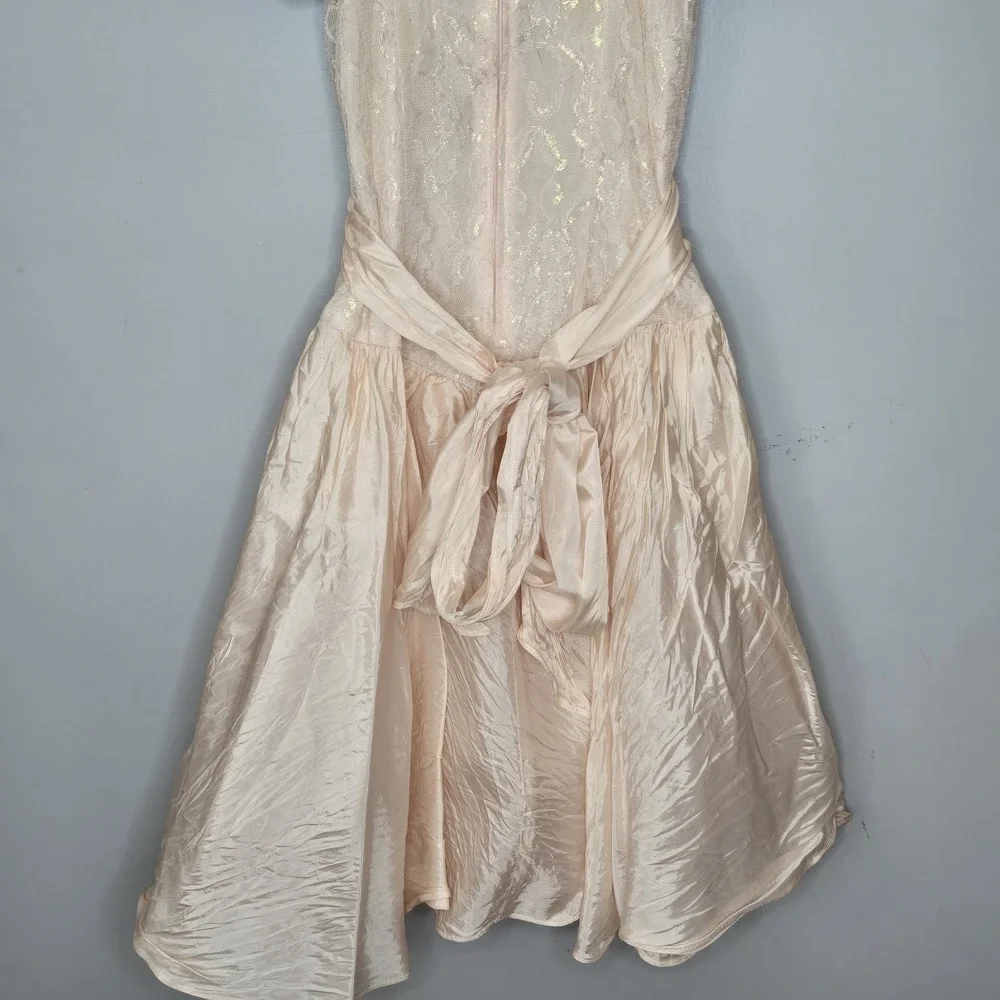 Vtg 80s Mayvens of California Iridescent Peach Pink Lace Puff Sleeve Prom Dress - Picture 10 of 14